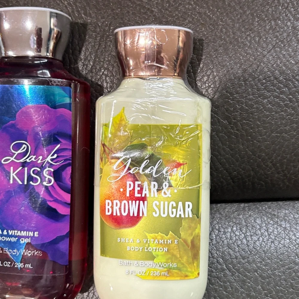 Bath and body body care set in dark kiss and golden pear and brown sugar